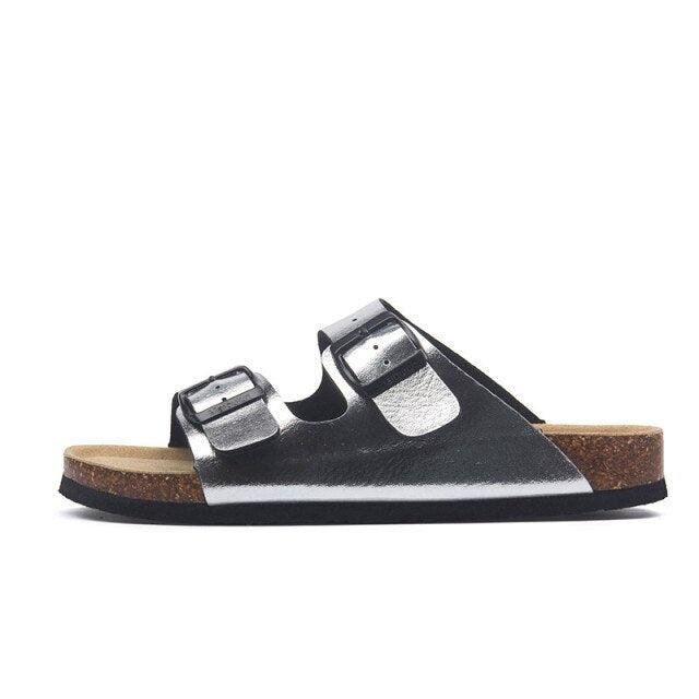 Stevvex double-buckle metallic silver slide sandals with cork footbed, non-slip sole on Tampa Home & Garden Store