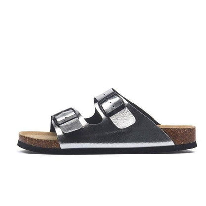 Stevvex double-buckle metallic silver slide sandals with cork footbed, non-slip sole on Tampa Home & Garden Store