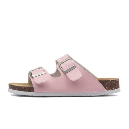 Stevvex women's pink double-buckle slides with cork footbed and white outsole on Tampa Home & Garden Store