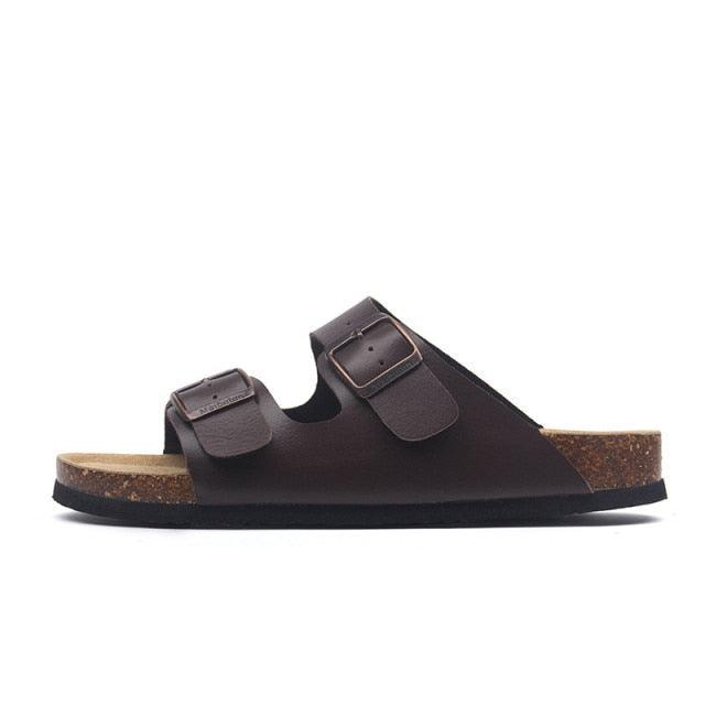 Stevvex women's double-buckle slide slippers with cork footbed and dark brown straps on Tampa Home & Garden Store