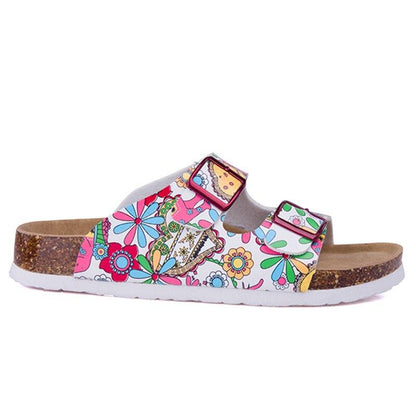 Women's floral double-buckle slide sandals with cork footbed and white sole on Tampa Home & Garden Store