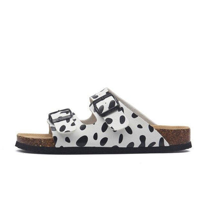 Stevvex women's double-buckle slide sandals with Dalmatian spots and cork footbed on Tampa Home & Garden Store