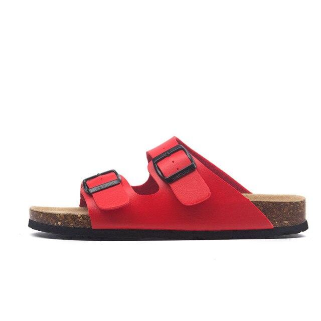 Stevvex red double-buckle slides with cork footbed and black outsole on Tampa Home & Garden Store