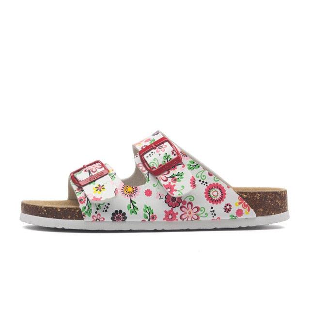 Stevvex women's floral double-buckle slide sandals with cork footbed and floral straps on Tampa Home & Garden Store