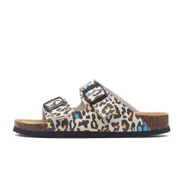 Stevvex women's leopard print double-buckle EVA slides with cork footbed pair on Tampa Home & Garden Store