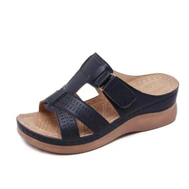 Stevvex women's navy buckle-strap wedge sandal with perforated upper and cushioned insole on Tampa Home & Garden Store