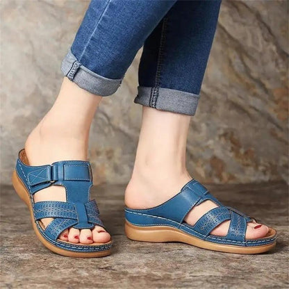 Stevvex ST98754PUR blue buckle-strap sandals pair with comfortable wedge heel open-toe for women on Tampa Home & Garden Store