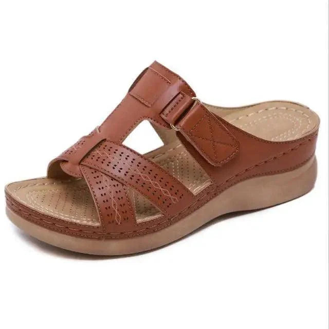 Stevvex brown leather wedge sandals with buckle strap and perforated upper on Tampa Home & Garden Store
