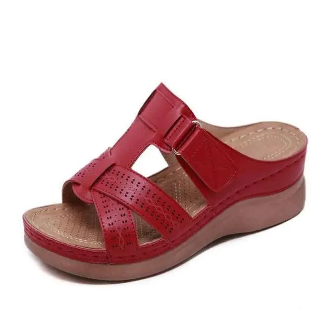 Stevvex red buckle-strap wedge sandal with perforated upper and cushioned footbed on Tampa Home & Garden Store