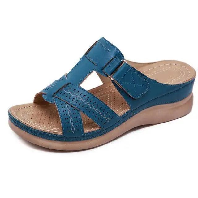 Stevvex blue buckle-strap sandal with cushioned beige insole and wedge heel on Tampa Home & Garden Store