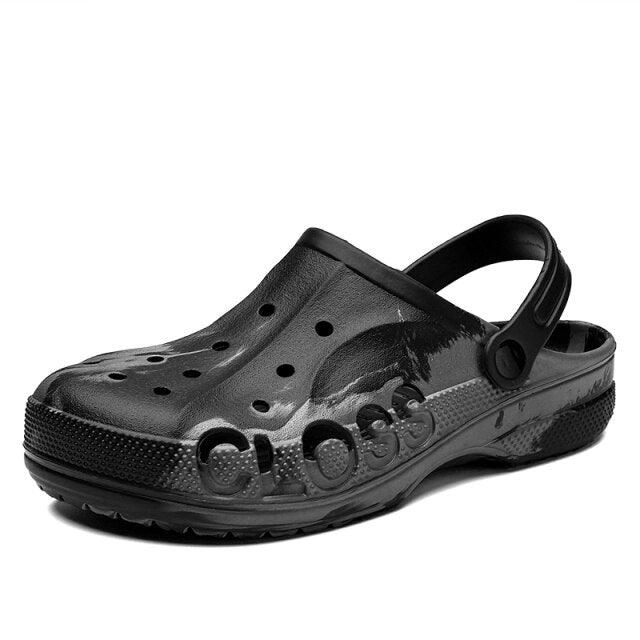 Crocs-style black garden clogs with perforated upper and back strap for slip-on comfort on Tampa Home & Garden Store