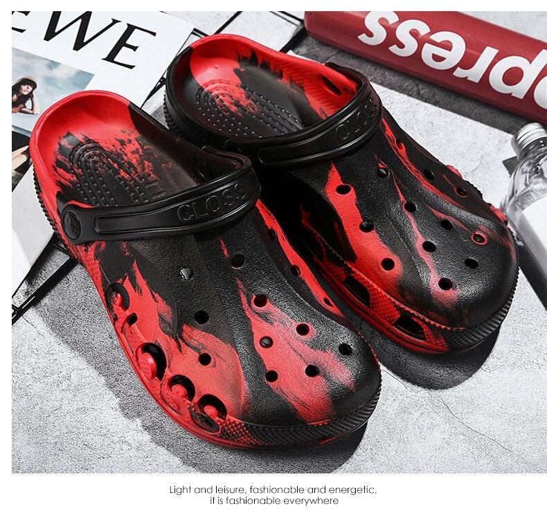 Stevvex garden clogs red black paint finish, slip-on slippers with holes and non-slip sole, pair on Tampa Home & Garden Store