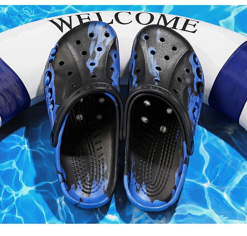 Stevvex blue garden clogs with perforated upper and anti-skid rubber sole slip-on summer sandals pair on Tampa Home & Garden Store