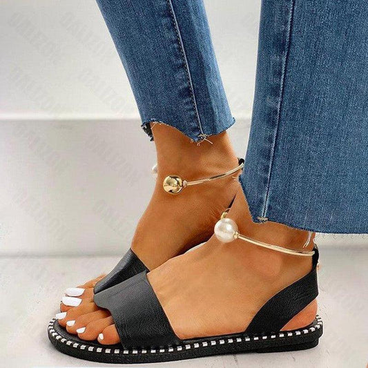 Stevvex black pearl-anklet sandals with pearl bead ankle straps and white-stitched sole on Tampa Home & Garden Store