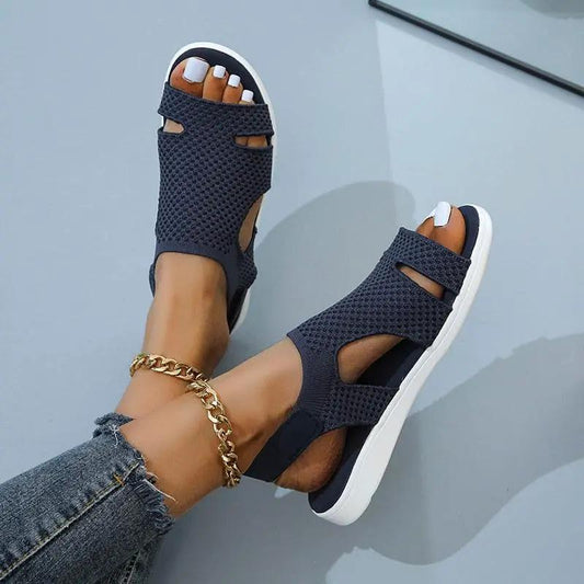 Stevvex blue sandals with mesh upper, open toe, buckle strap and white sole on Tampa Home & Garden Store