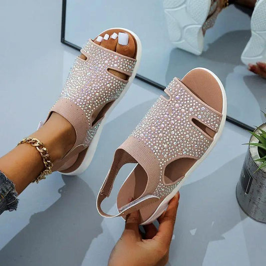 Nude pink rhinestone sandals pair by Stevvex, open-toe slip-on with back strap for women on Tampa Home & Garden Store