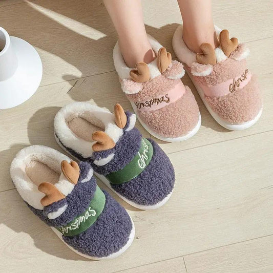 Stevvex fuzzy deer slippers, thick indoor slip-ons, 3-pair set with reindeer horns on Tampa Home & Garden Store