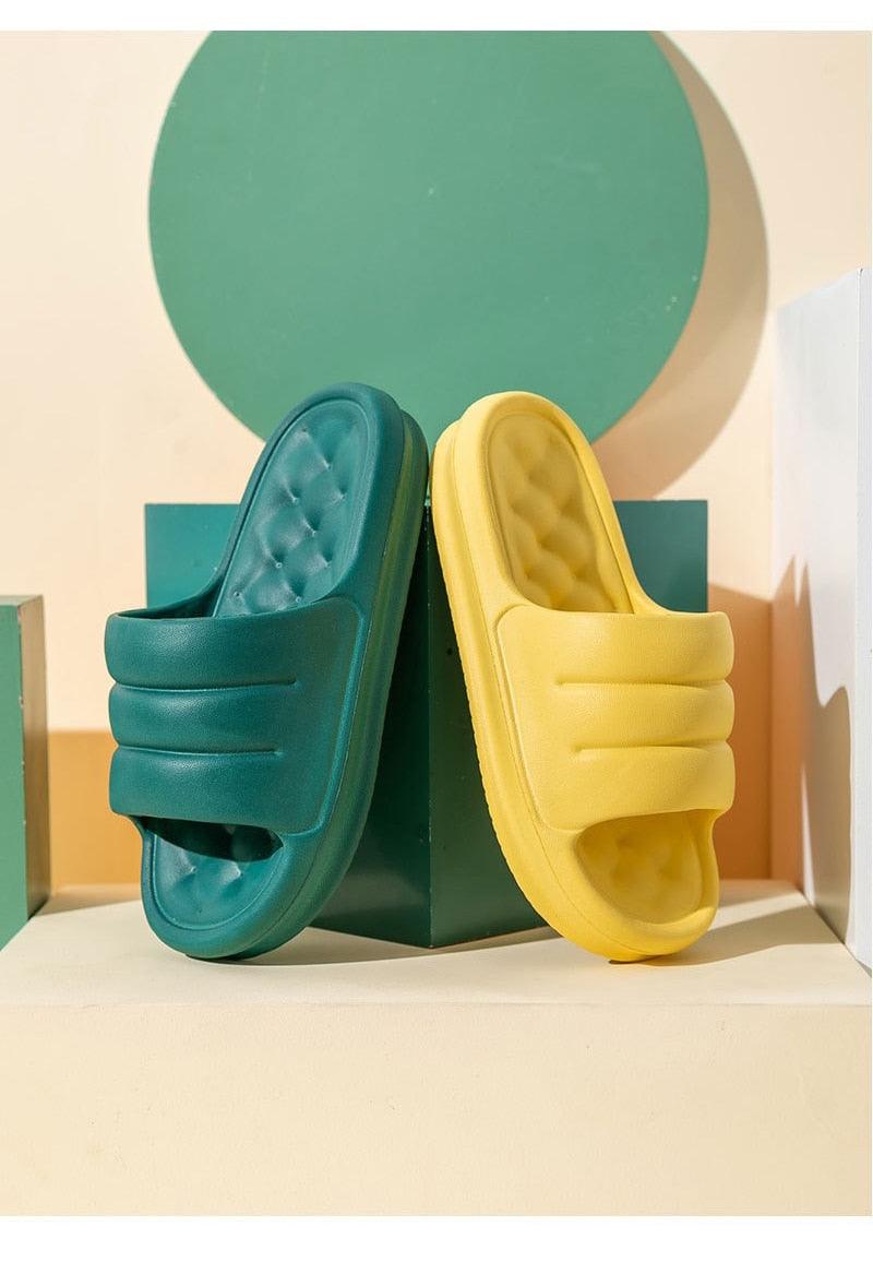 Two teal and yellow EVA sofa slides with thick cushioned sole open toe indoor slippers anti slip on Tampa Home & Garden Store