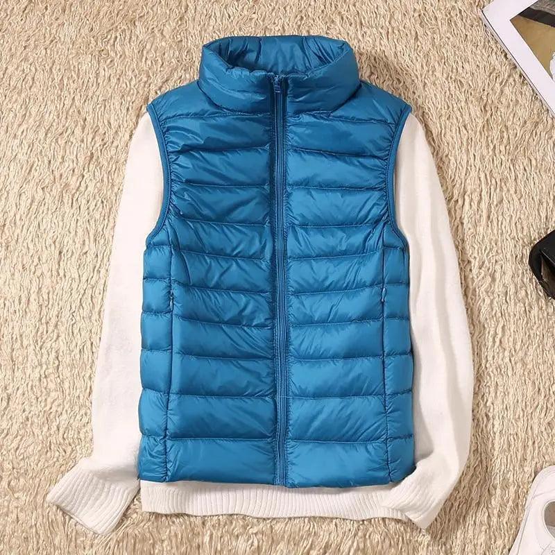 Stevvex women's ultra-light blue duck down vest with high collar, sleeveless on Tampa Home & Garden Store