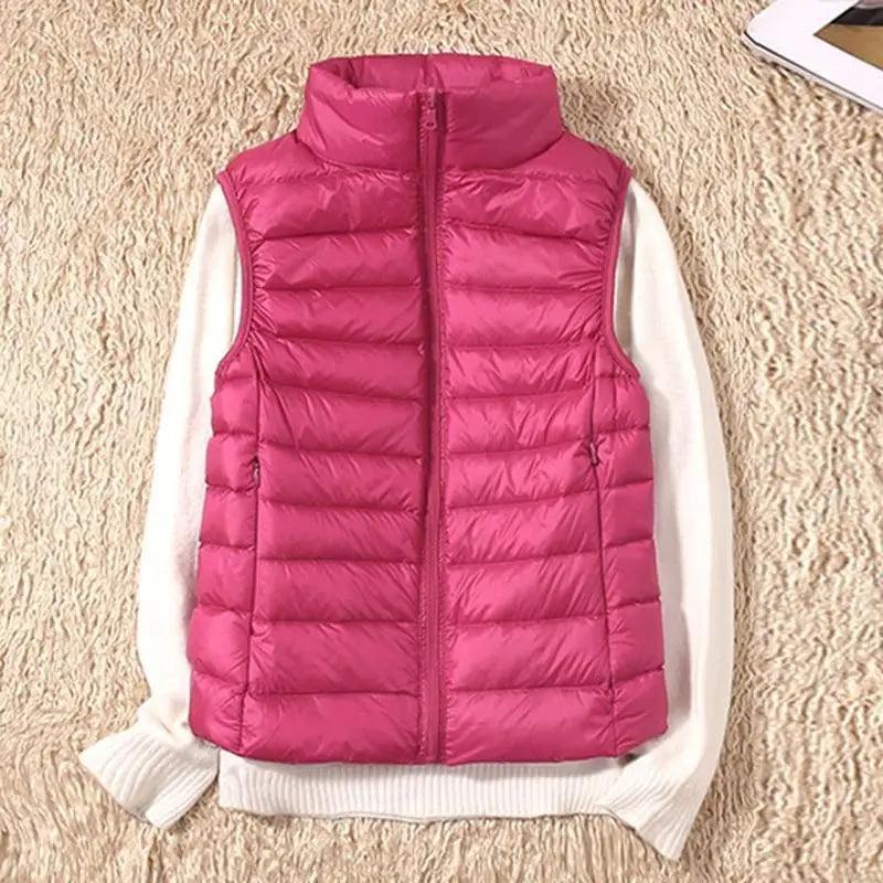 Pink ultra light women's duck down vest with high collar, sleeveless quilted front zipper on Tampa Home & Garden Store
