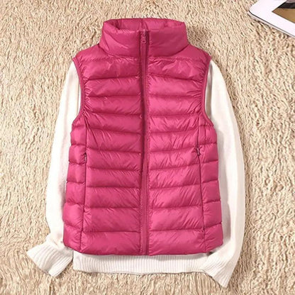 Pink ultra light women's duck down vest with high collar, sleeveless quilted front zipper on Tampa Home & Garden Store