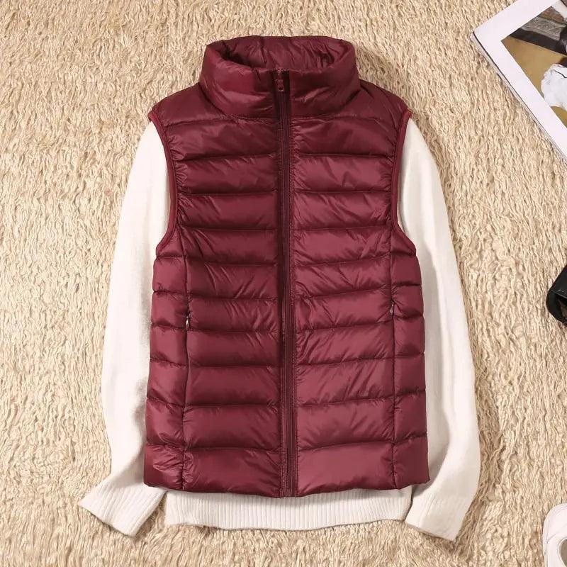 Stevvex ultralight women's burgundy duck-down vest with high collar sleeveless on Tampa Home & Garden Store