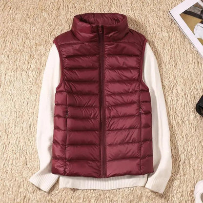Stevvex ultralight women's burgundy duck-down vest with high collar sleeveless on Tampa Home & Garden Store