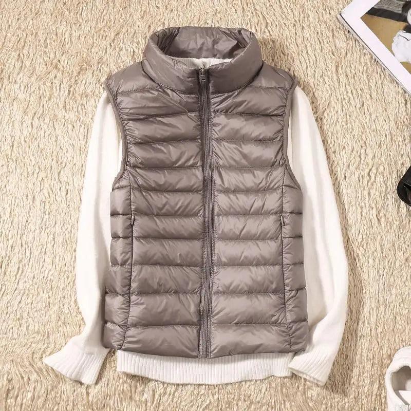 Stevvex ultra-light women's down vest taupe high collar sleeveless on Tampa Home & Garden Store