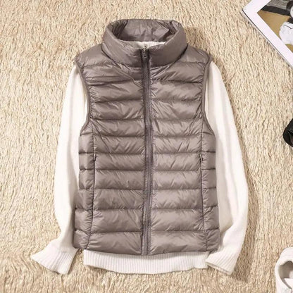 Stevvex ultra-light women's down vest taupe high collar sleeveless on Tampa Home & Garden Store
