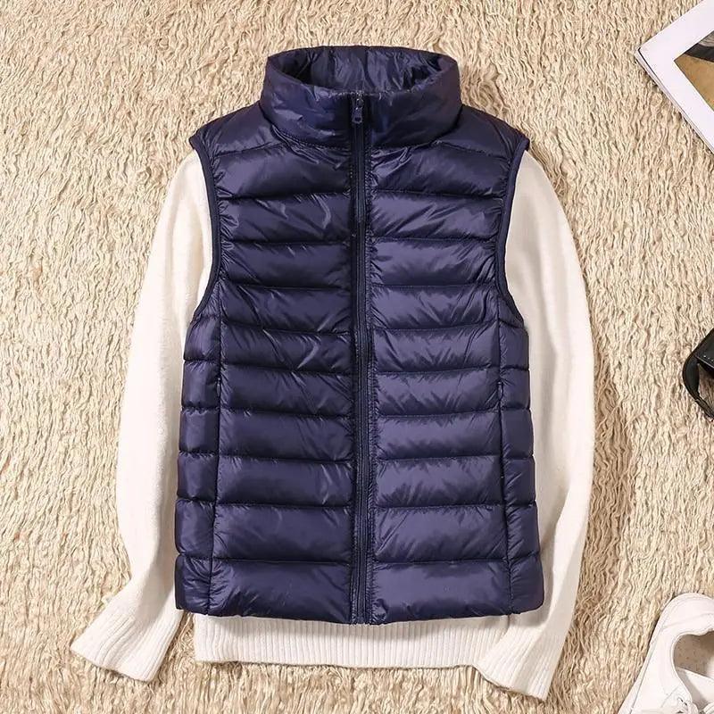 Stevvex navy down vest jacket, light sleeveless puffer with high collar for autumn/winter on Tampa Home & Garden Store