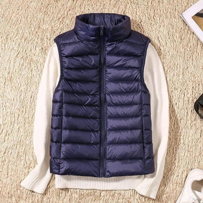 Stevvex navy down vest jacket, light sleeveless puffer with high collar for autumn/winter on Tampa Home & Garden Store