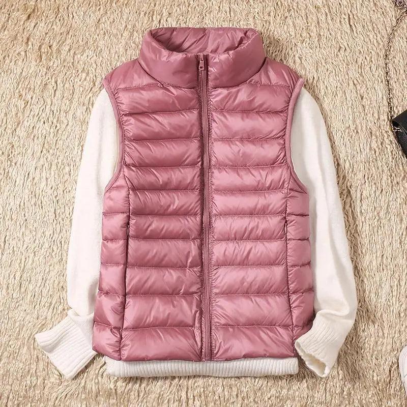 Stevvex pink ultra-light down vest with high collar, sleeveless quilted puffer on Tampa Home & Garden Store