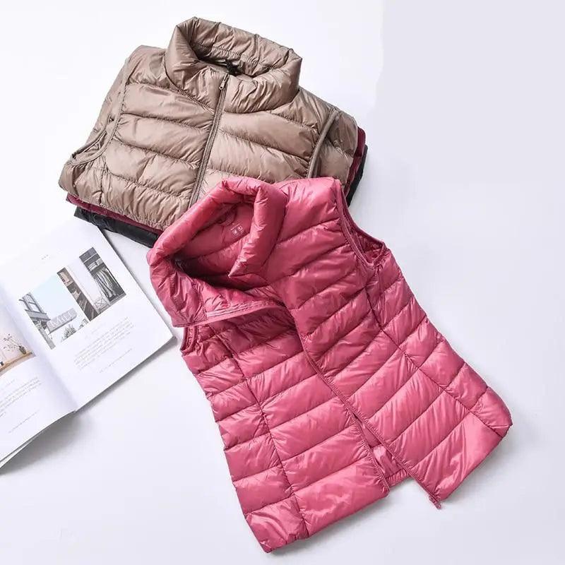 Stevvex women's ultra light duck down vest pink and taupe sleeveless quilted with high collar on Tampa Home & Garden Store