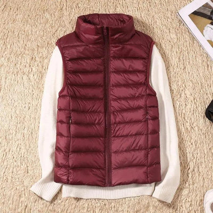 New Trendy Ultra Light Womens Duck Down Vest burgundy sleeveless quilted jacket high collar on Tampa Home & Garden Store