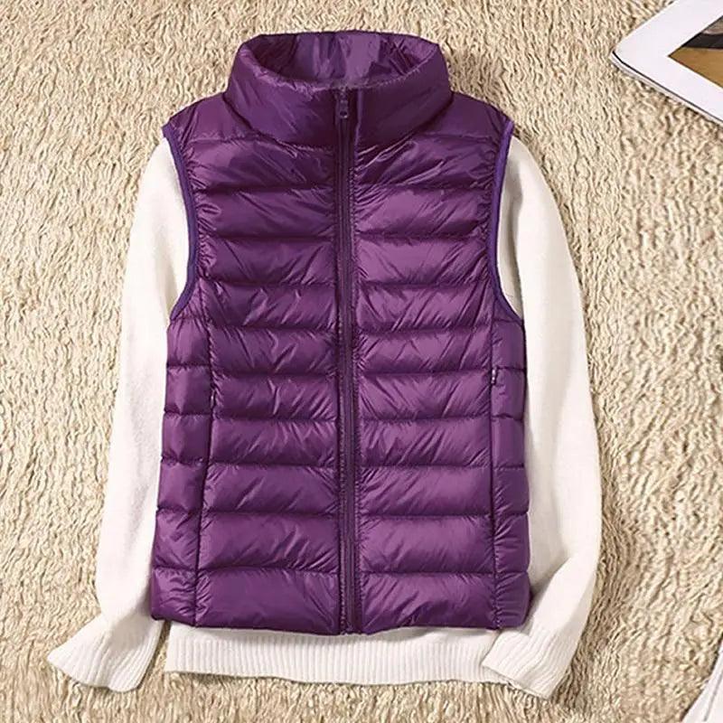 Stevvex women's ultra light purple sleeveless down vest with high collar on Tampa Home & Garden Store
