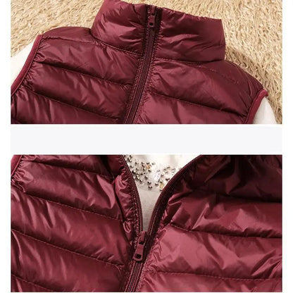 Stevvex women's burgundy duck-down vest, high collar, sleeveless puffer jacket on Tampa Home & Garden Store