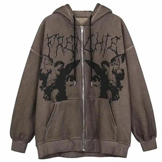 Stevvex zip hoodie jacket brown wash with dark angel print, hooded streetwear coat with pockets on Tampa Home & Garden Store