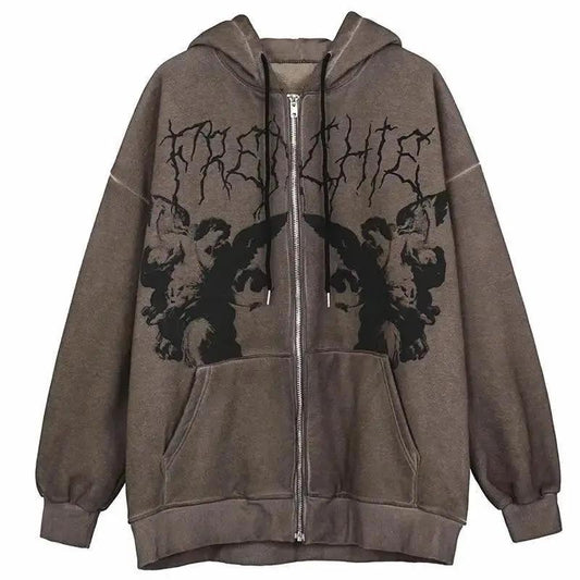 Stevvex hooded zip hoodie coat with angel dark print, vintage brown wash, front pockets on Tampa Home & Garden Store