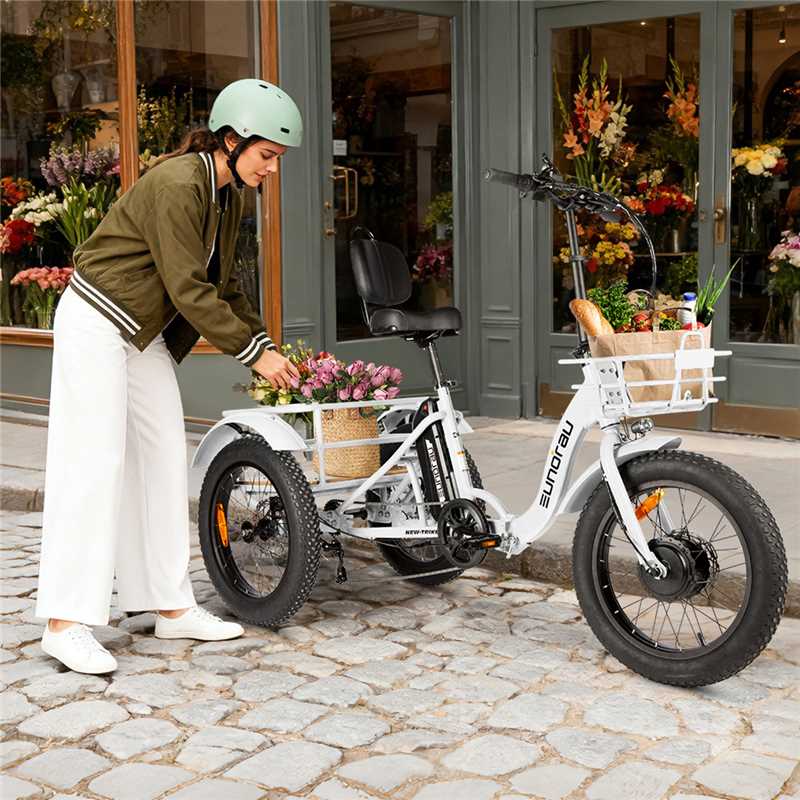 Electric Trike Foldable City Model 2.0 by EUNORAU E-BIKE US, white frame, front basket on Tampa Home & Garden Store