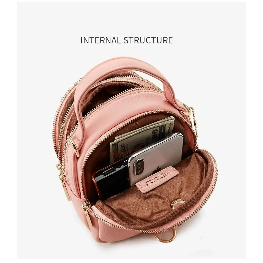 Stevvex pink soft leather backpack with multiple zippers; interior shows phone and cash on Tampa Home & Garden Store