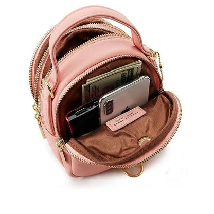 Stevvex pink soft leather 3-layer women backpack with gold zippers fits phone and cash on Tampa Home & Garden Store