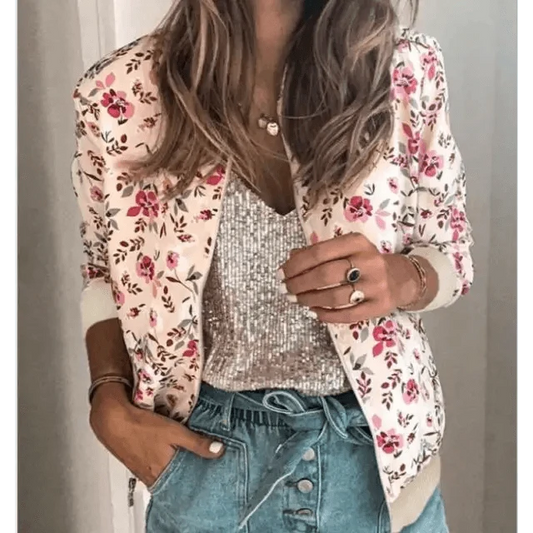 Plus size floral bomber jacket for women in ivory white with pink flower print, long sleeves, front pockets on Tampa Home & Garden Store