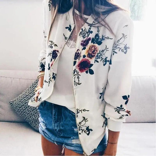 Stevvex floral print bomber jacket in cream with zipper pockets, long sleeves for women on Tampa Home & Garden Store
