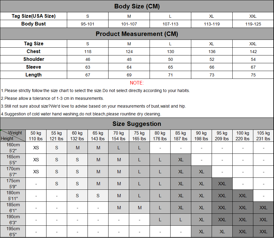 Stevvex blue waterproof winter jacket size chart with chest and sleeve measurements for men's jackets on Tampa Home & Garden Store