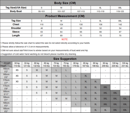 Stevvex blue waterproof winter jacket size chart with chest and sleeve measurements for men's jackets on Tampa Home & Garden Store