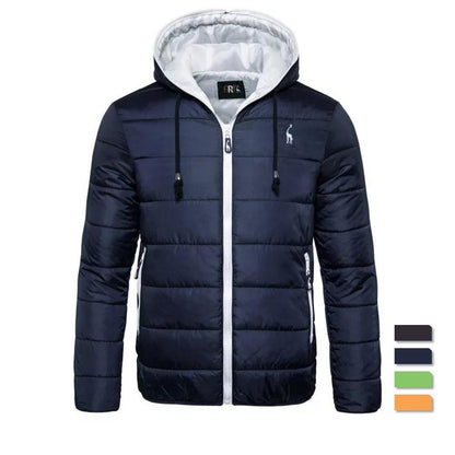 Stevvex men's navy blue quilted hooded jacket with white zipper and chest logo on Tampa Home & Garden Store