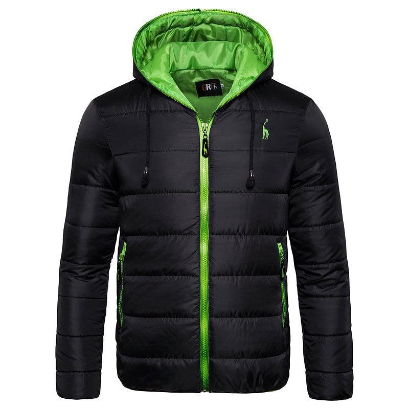 Stevvex black hooded puffer winter jacket with neon green lining and zippers on Tampa Home & Garden Store
