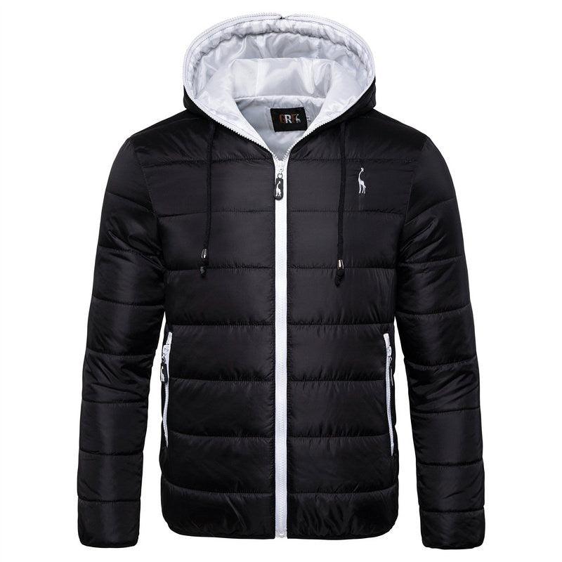 Men's black Stevvex puffer hooded jacket with white zip, quilted panels, gray lining, pockets on Tampa Home & Garden Store