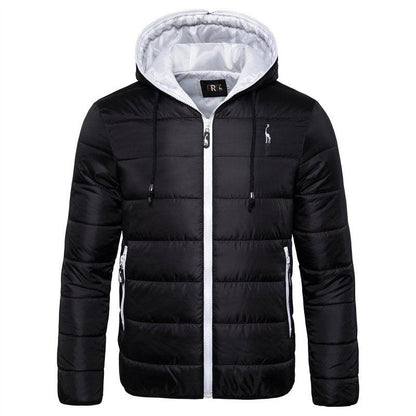 Men's black Stevvex puffer hooded jacket with white zip, quilted panels, gray lining, pockets on Tampa Home & Garden Store