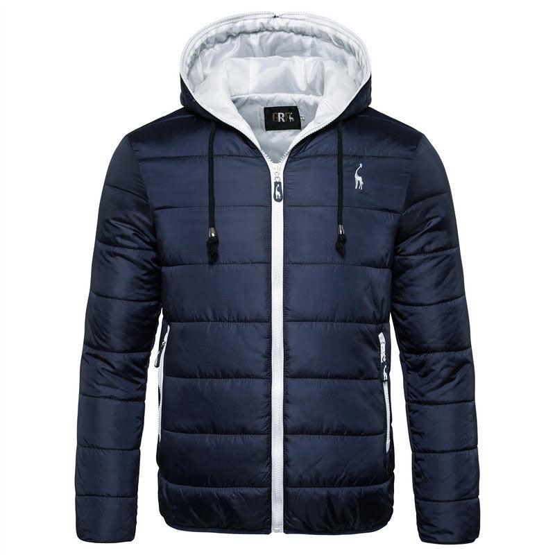Men's blue hooded Stevvex puffer jacket with white zipper and grey lining on Tampa Home & Garden Store